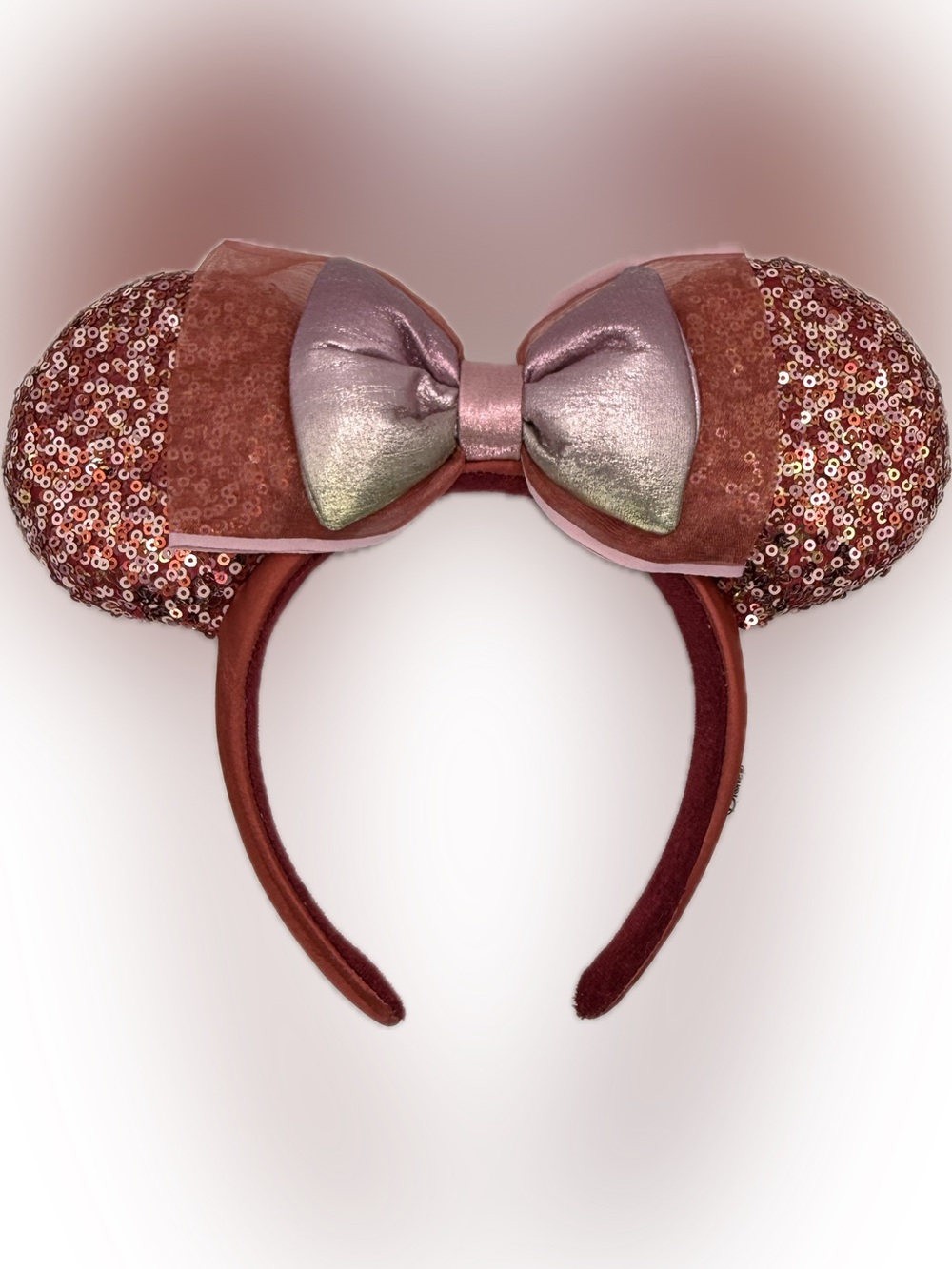 Disney Parks Mauve & Burgundy Minnie Bow Sequin Adult Ears Headband